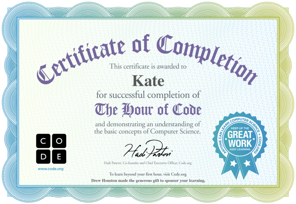 Certificate of completion for a online coding service